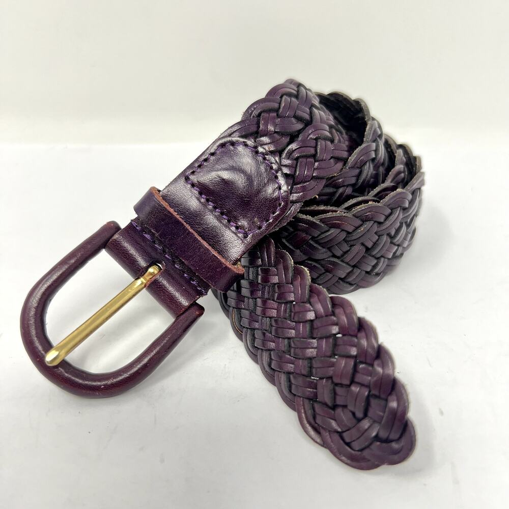 Talbots Braided Leather Belt Women M Purple Woven Gold Tone Buckle
